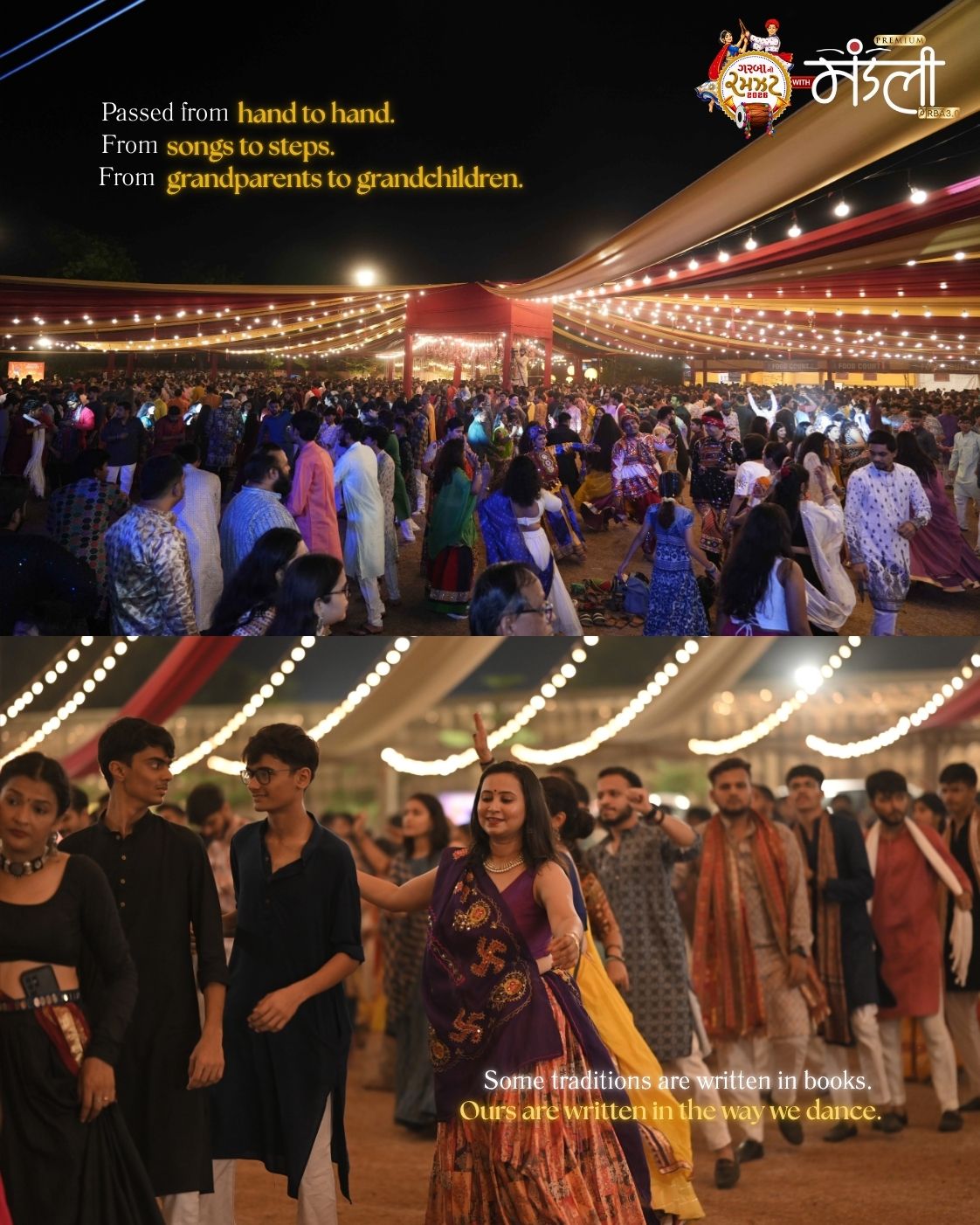 Dancers in traditional chaniya choli under the canopy lights